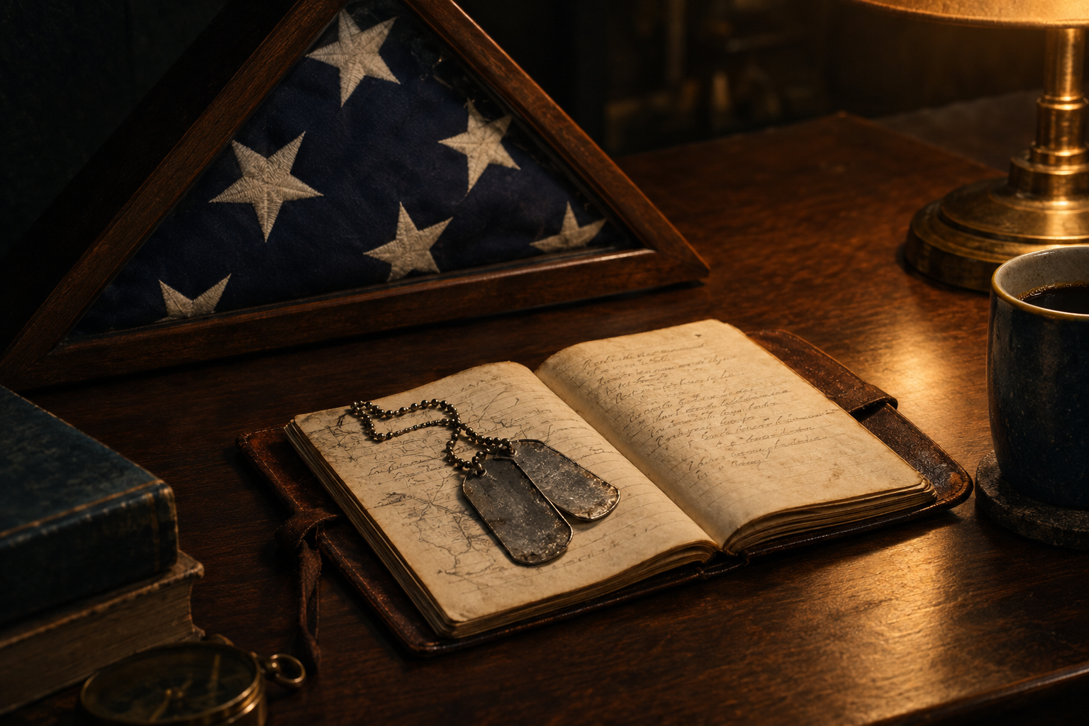 Weathered dog tags on an open field notebook beside a folded flag in a display case, lit by lamplight.
